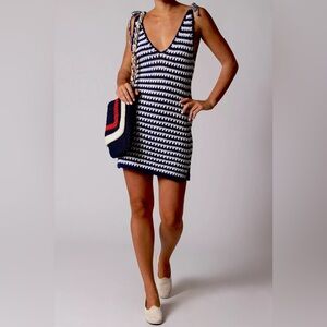 Miguelina “Lenka” navy white boho cotton crochet dress w shoulder ties XS/S